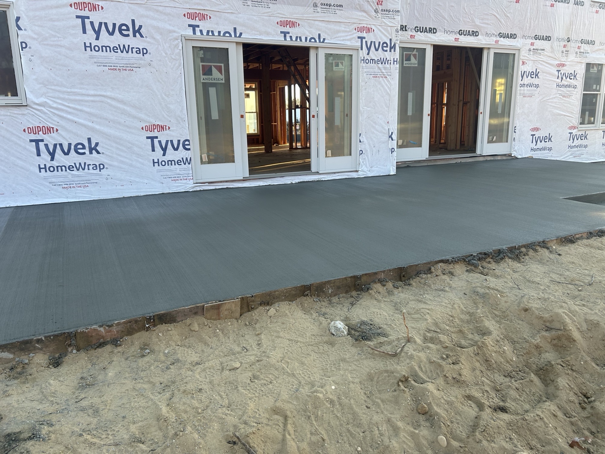 Freshly finished patio slab at new build